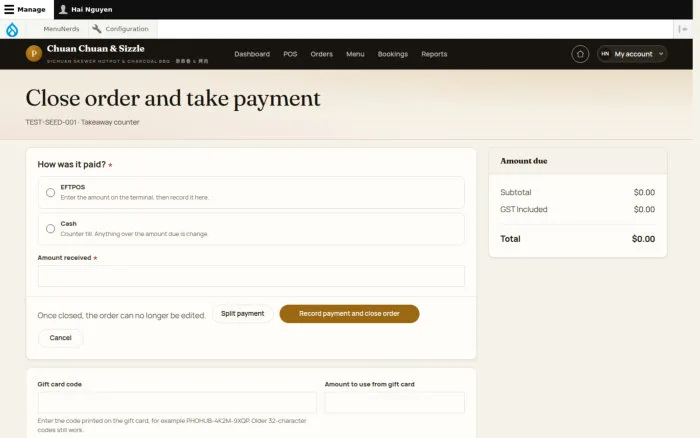 Close order and take payment