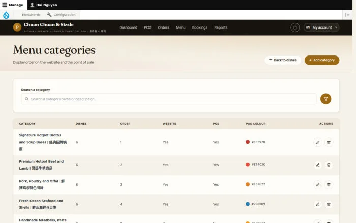 Menu categories