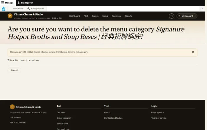 Are you sure you want to delete the menu category Signature Hotpot Broths and Soup Bases | 经典招牌锅底?