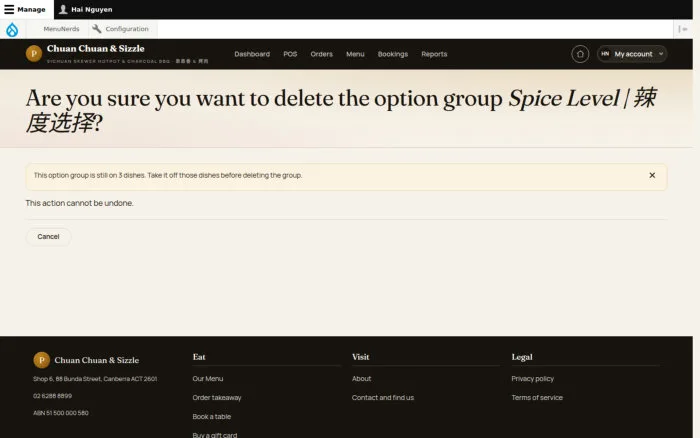 Are you sure you want to delete the option group Spice Level | 辣度选择?