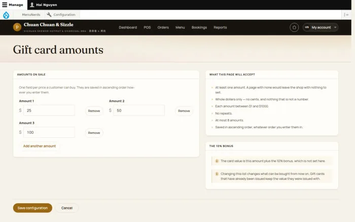 Gift card amounts
