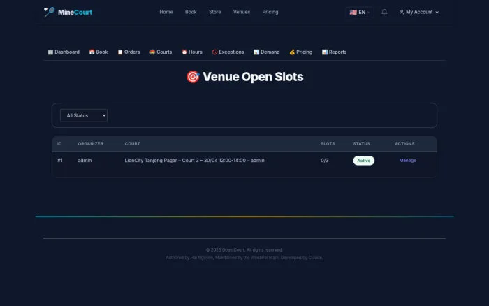 Venue Open Slots | MineCourt
