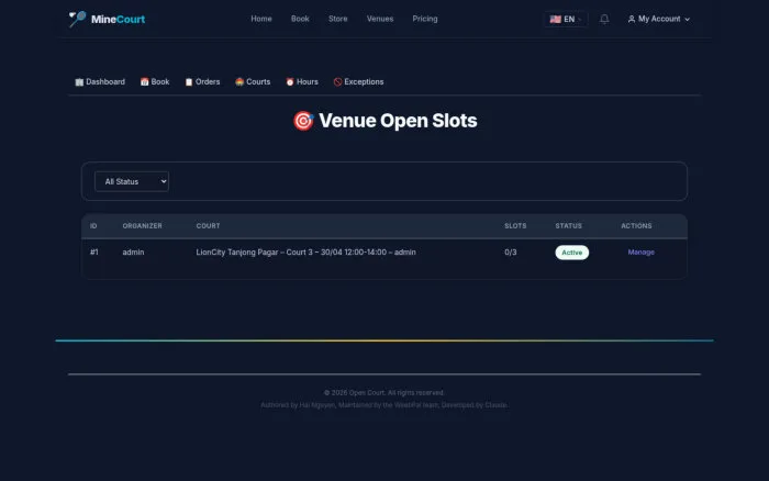 Venue Open Slots | MineCourt