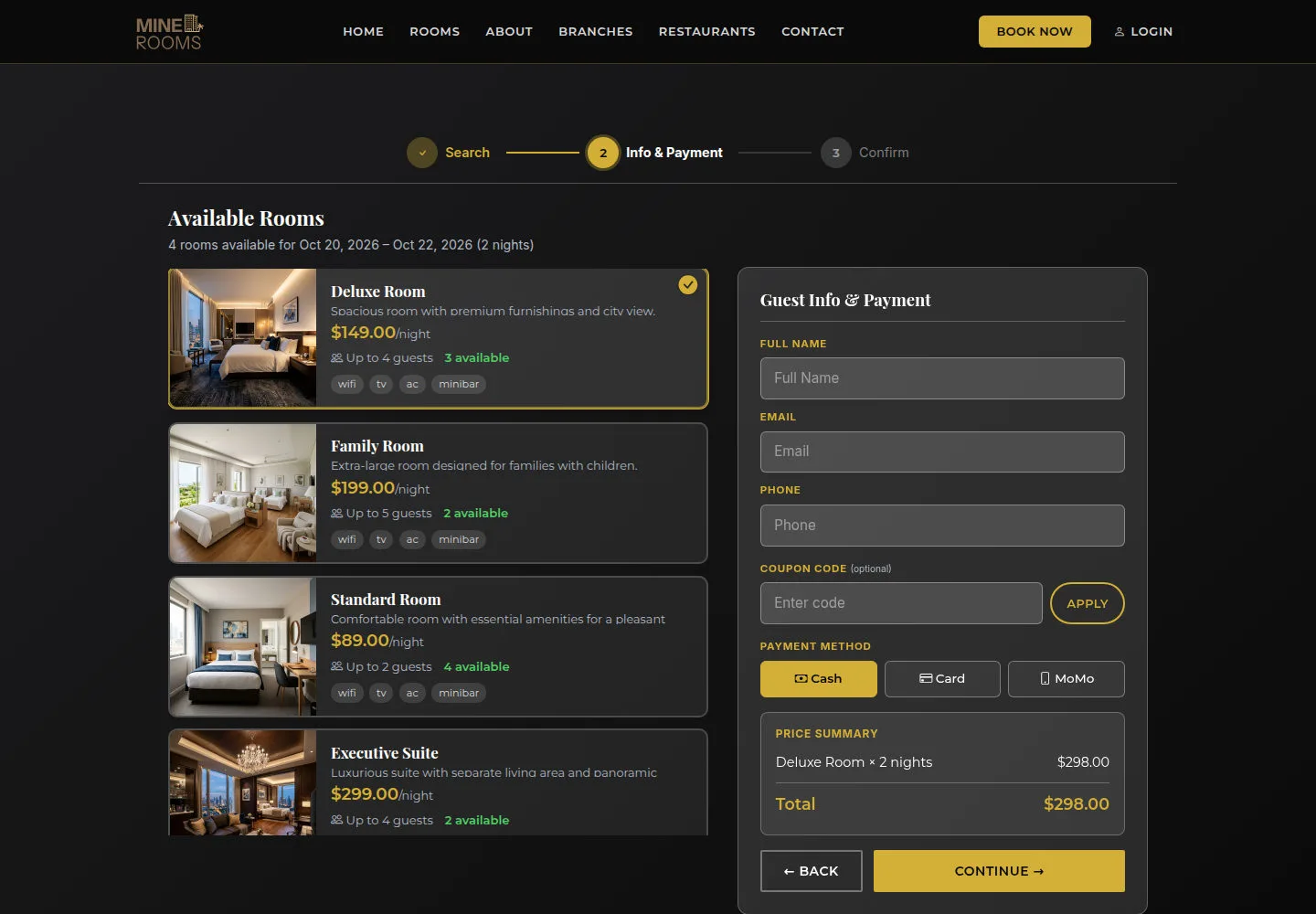 Select a room and verify the quote