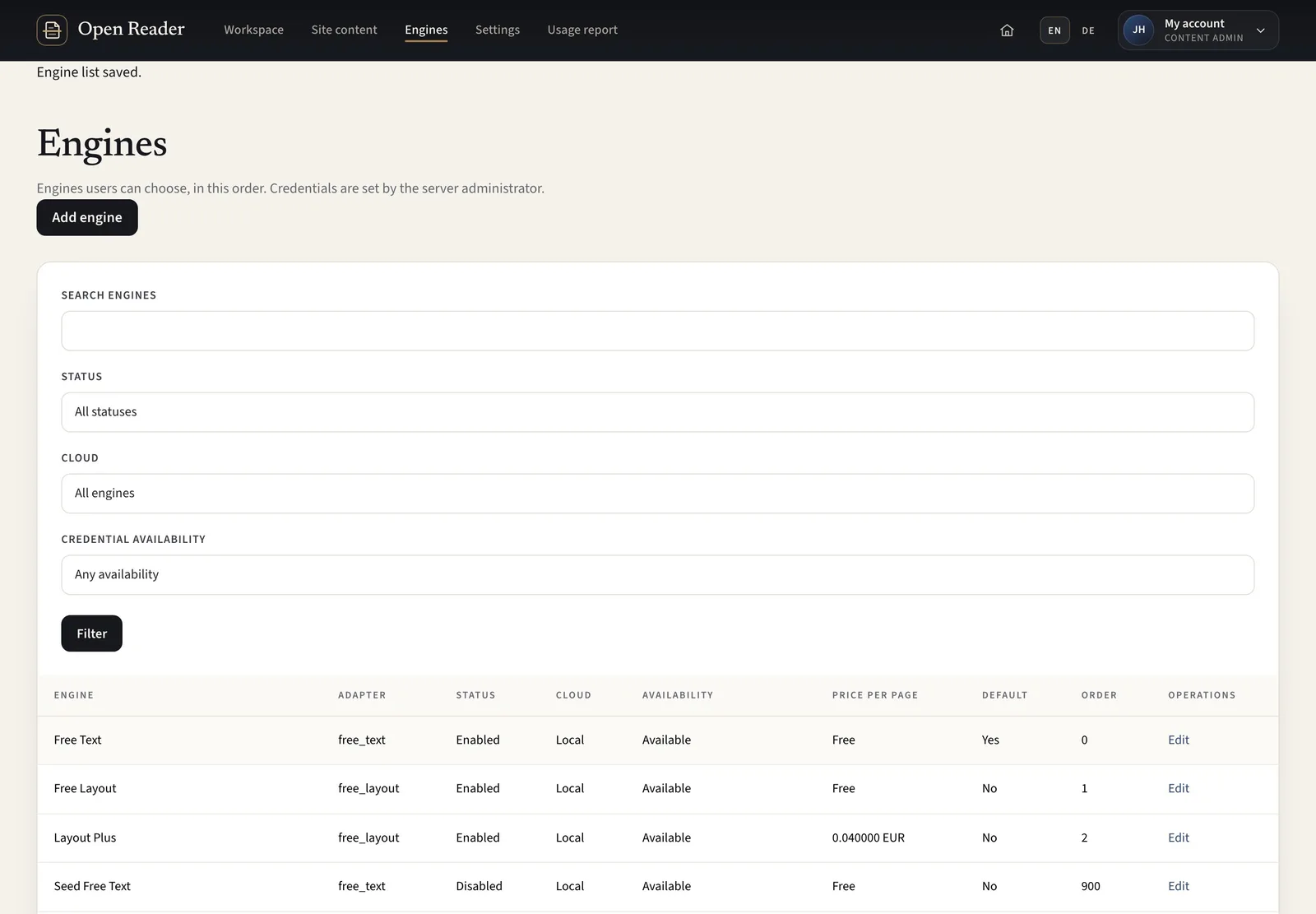 Set Enabled, Default and order