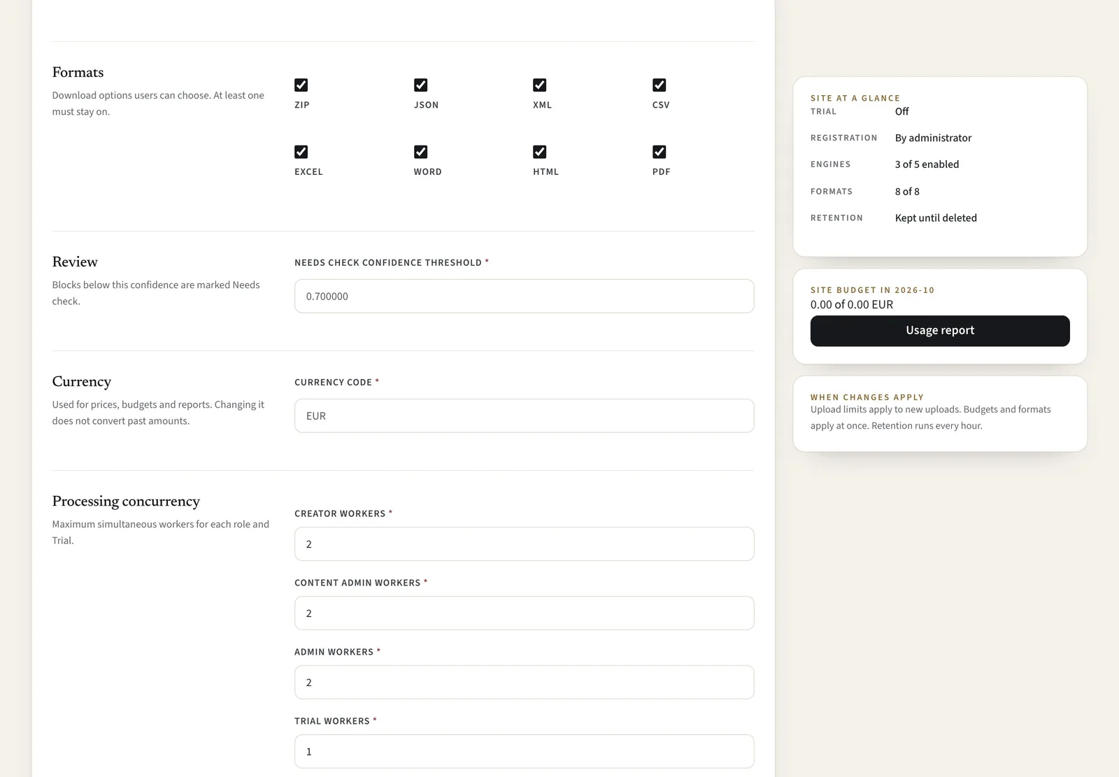 Choose formats, review threshold and currency