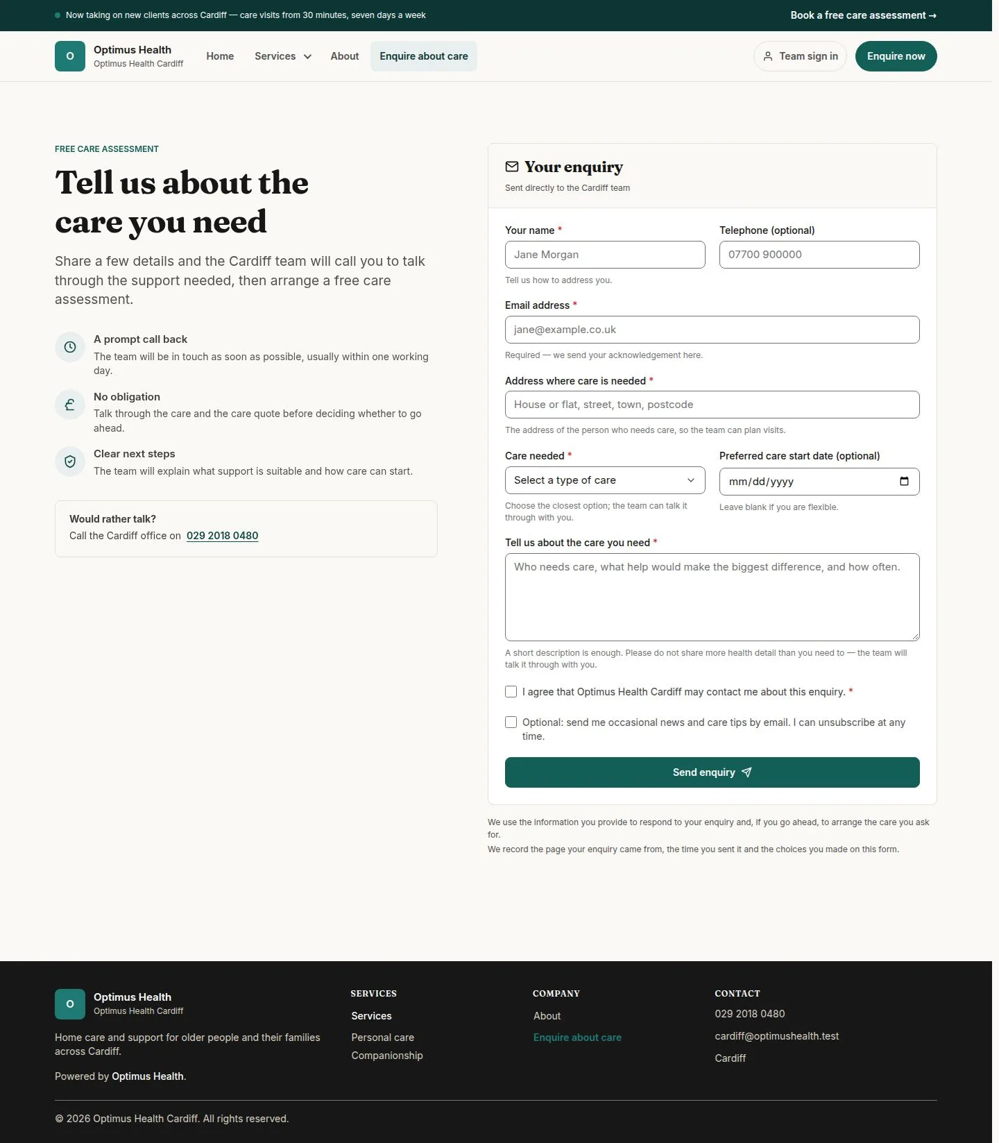 Local office contact and care enquiry fields