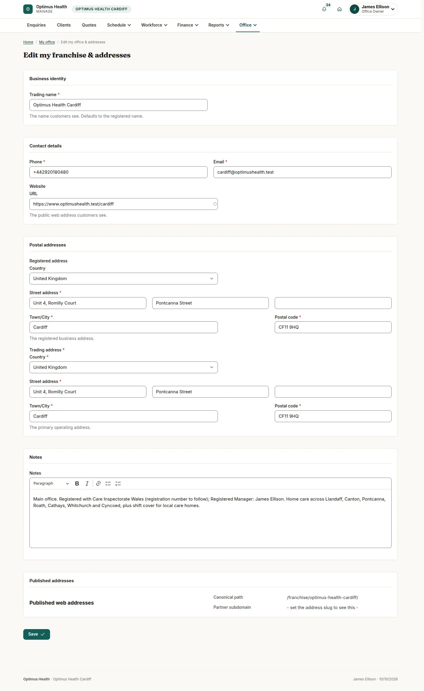 Edit my franchise & addresses