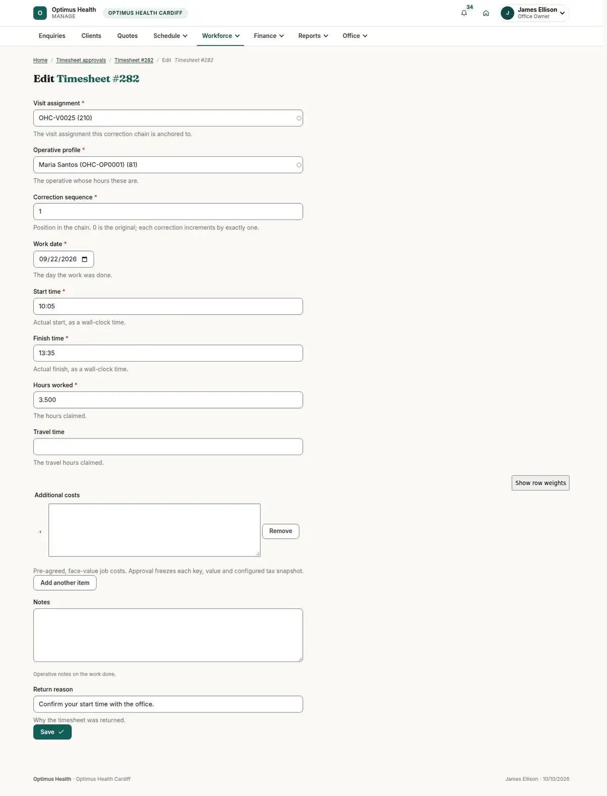 Edit Timesheet #282
