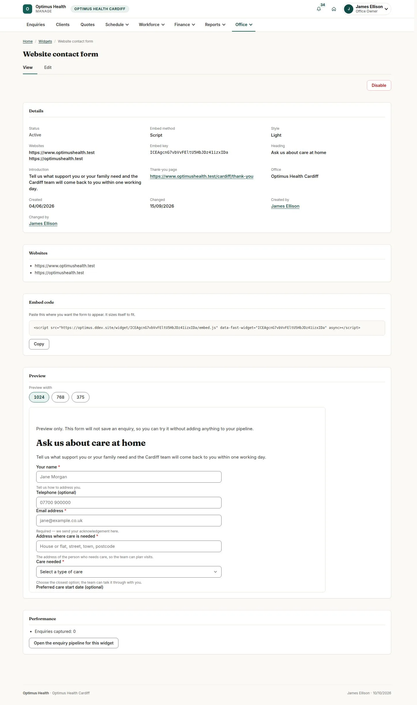 Website contact form