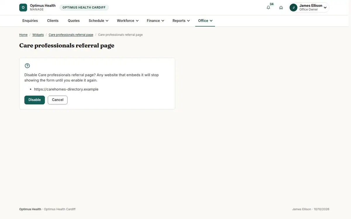Care professionals referral page