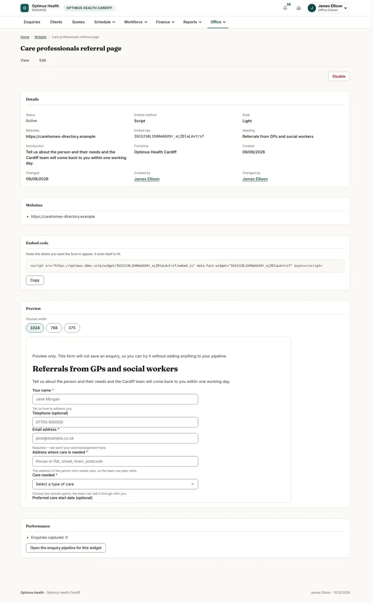 Care professionals referral page