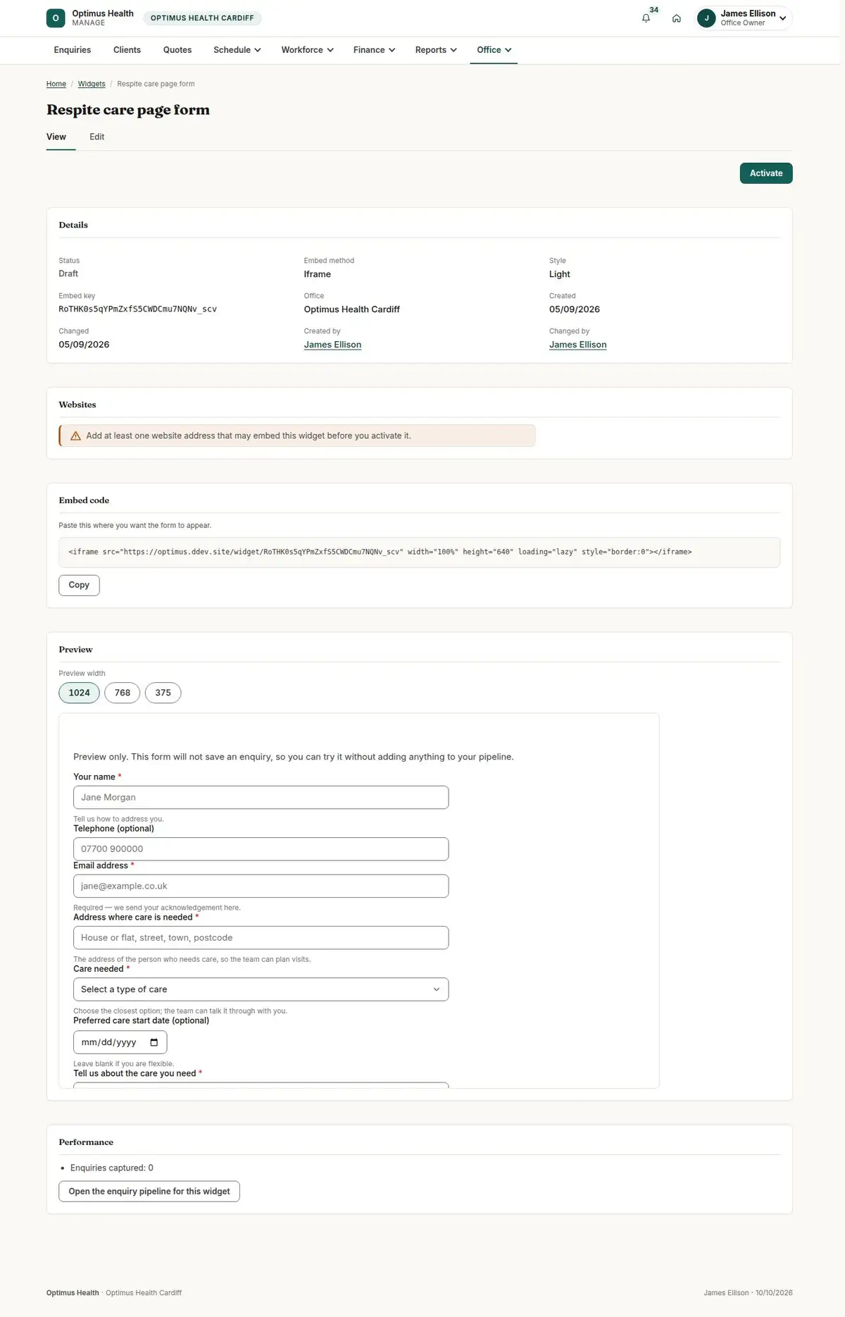 Respite care page form