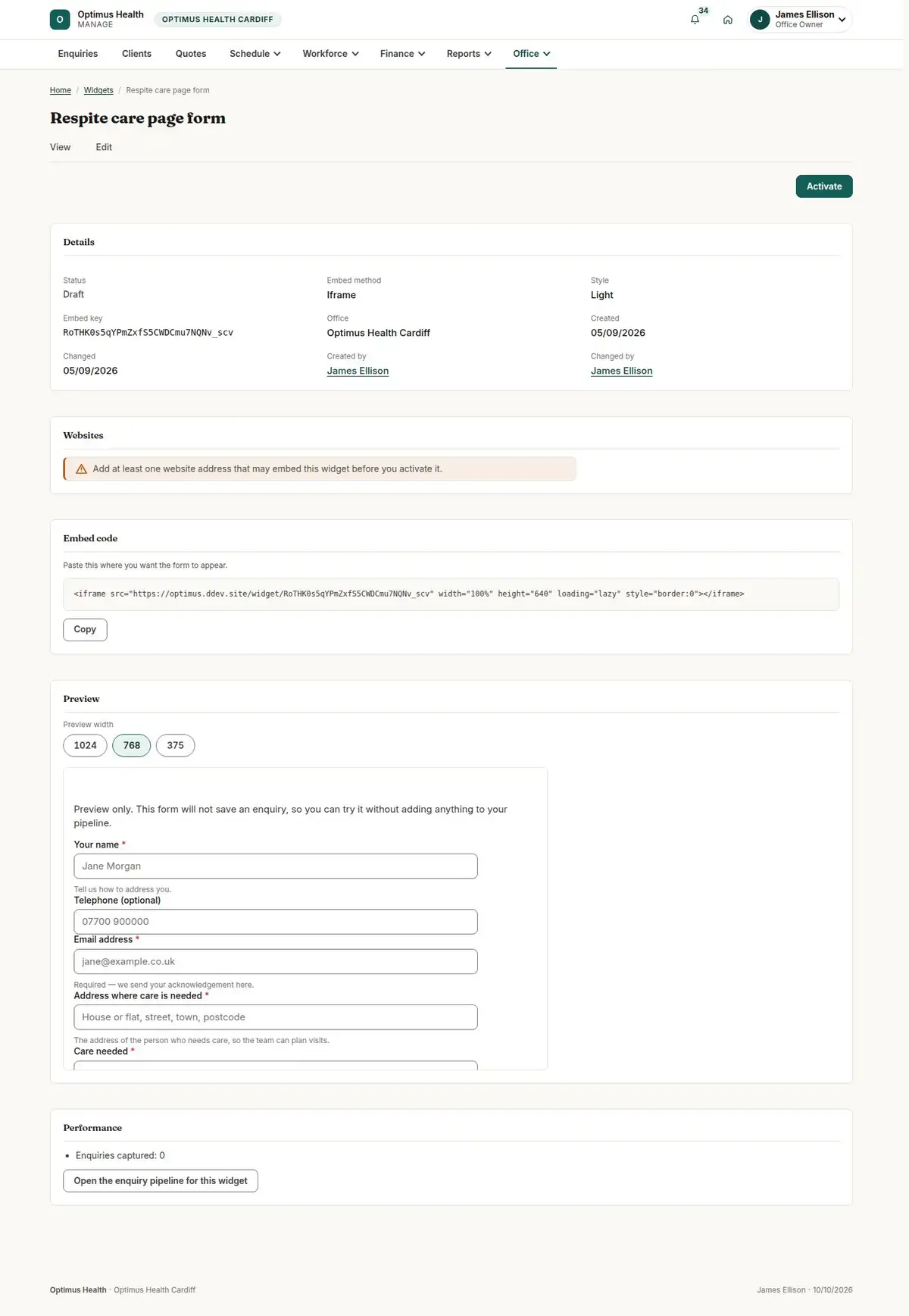 Respite care page form
