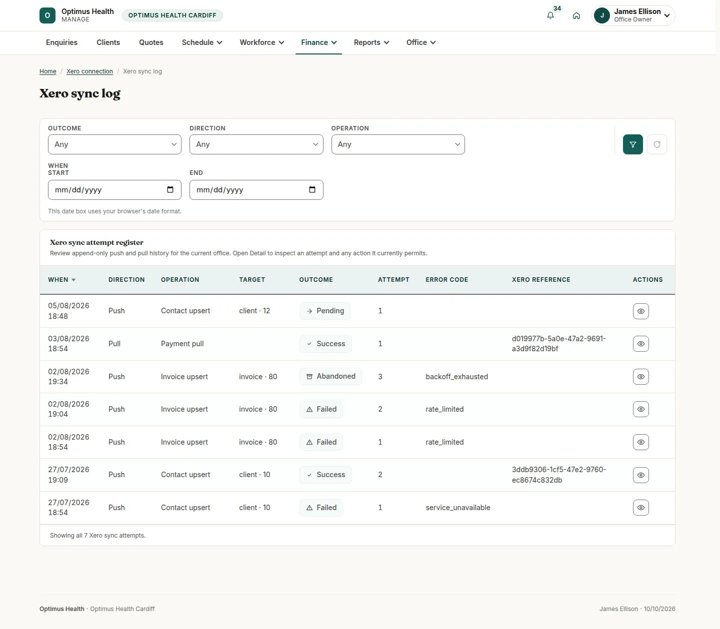 Xero sync log