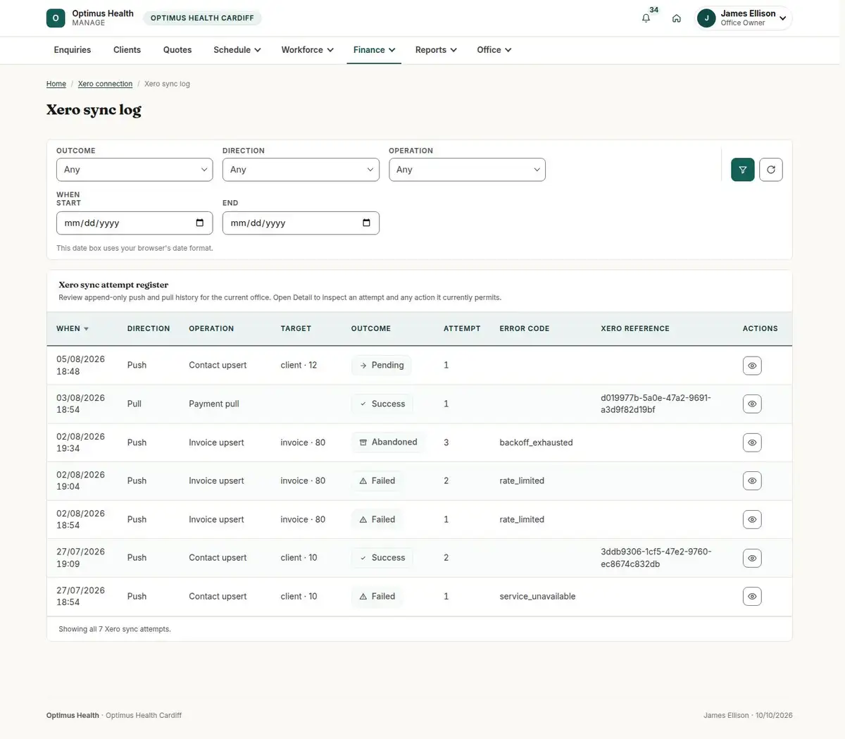 Xero sync log
