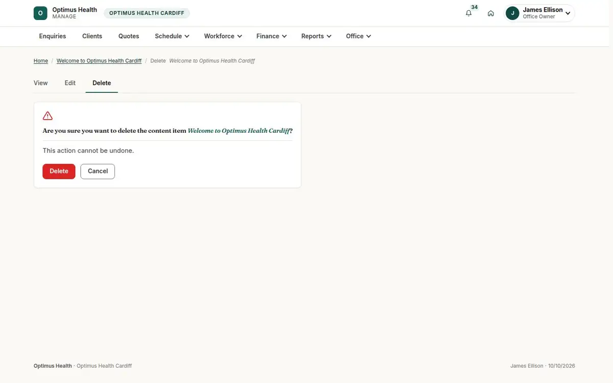 Are you sure you want to delete the content item Welcome to Optimus Health Cardiff?