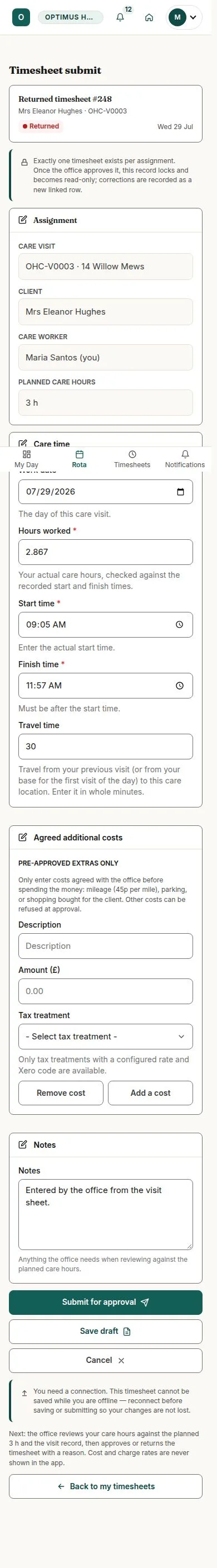 Agreed costs, Notes and Submit for approval