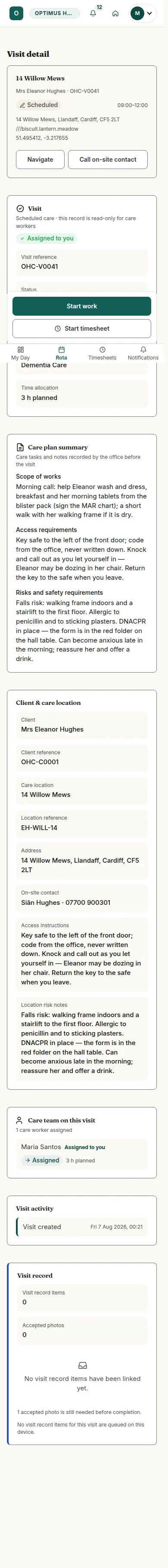 Care plan summary, access instructions and risk notes