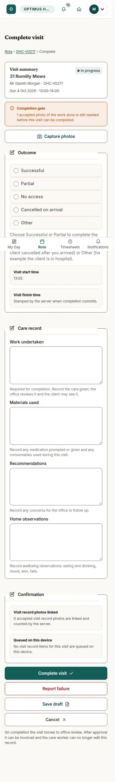 Completion confirmation, record coverage and outcome action buttons