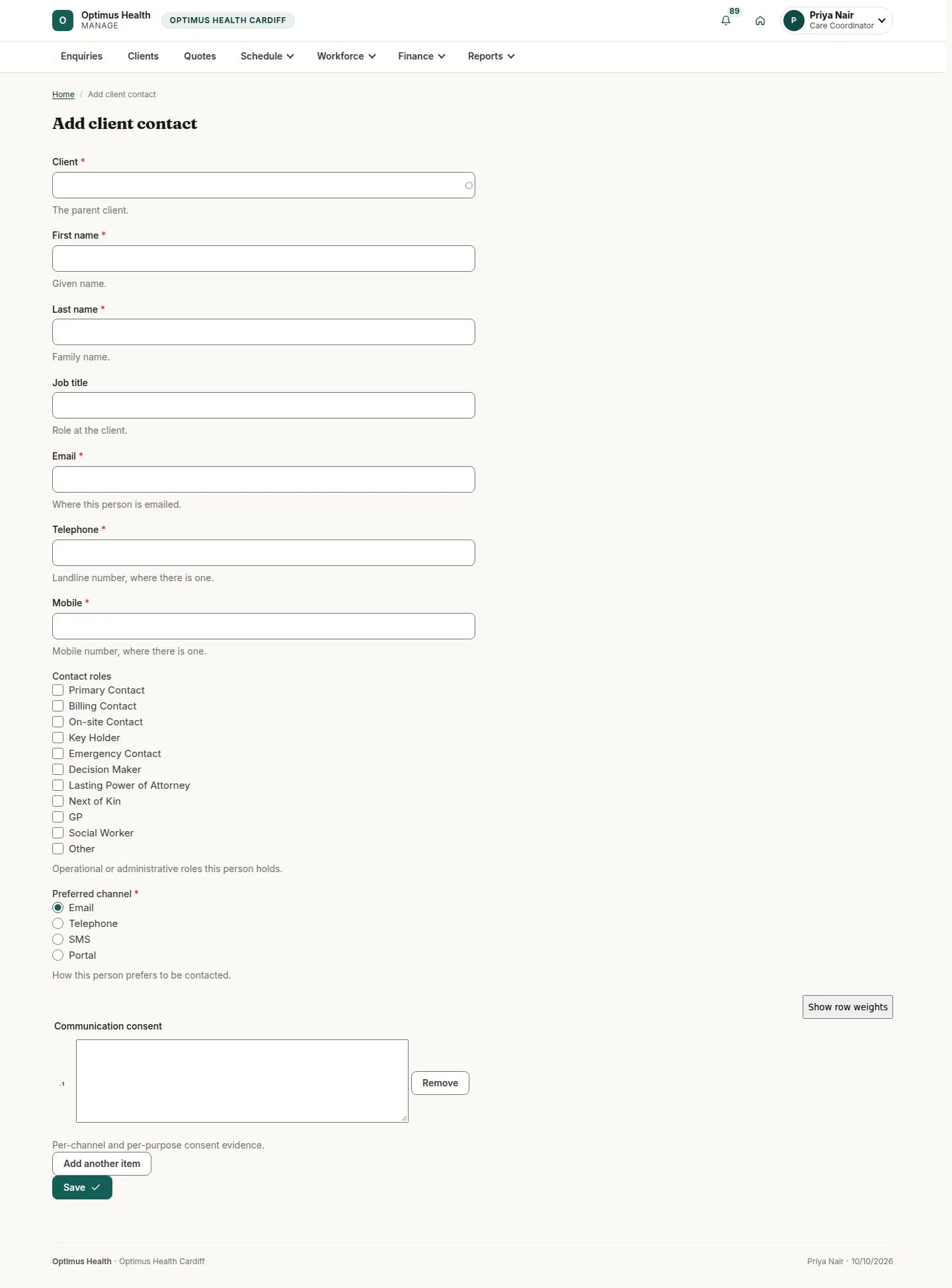 Client contact fields and required contact details