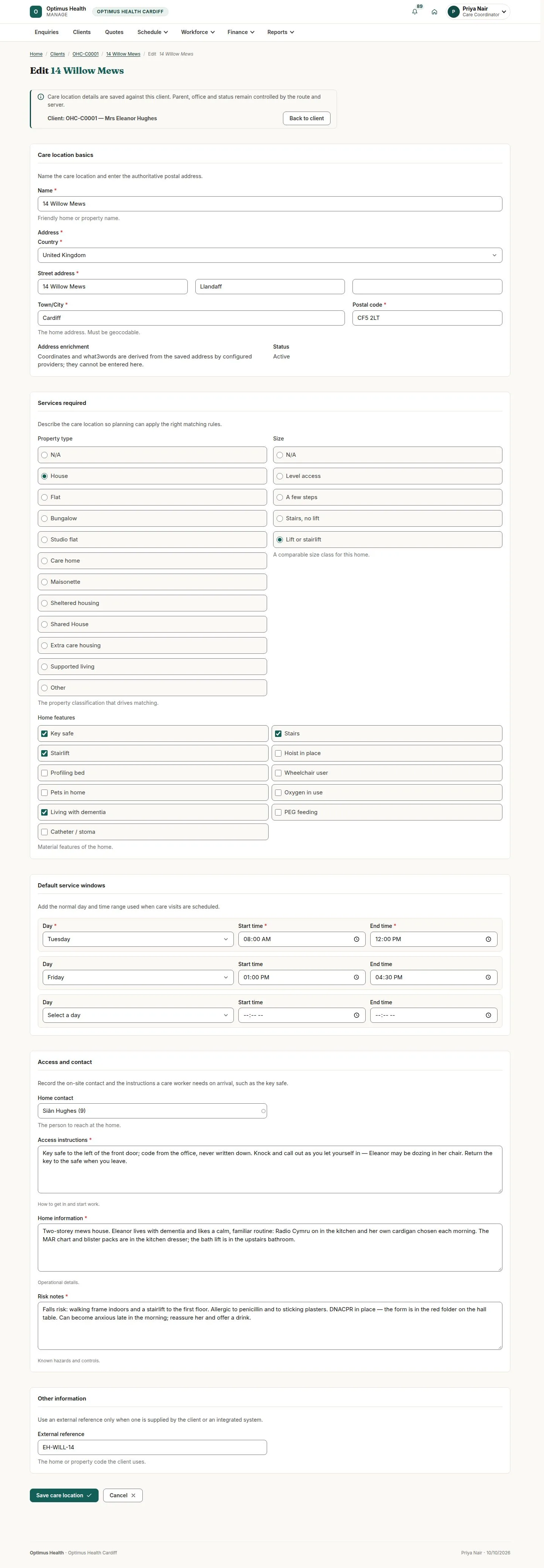 Care-location service needs, access and risk notes