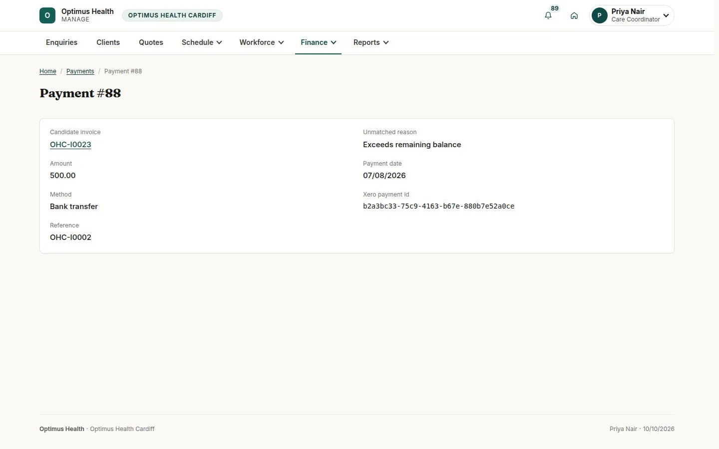 Payment amount, candidate and excess-balance reason