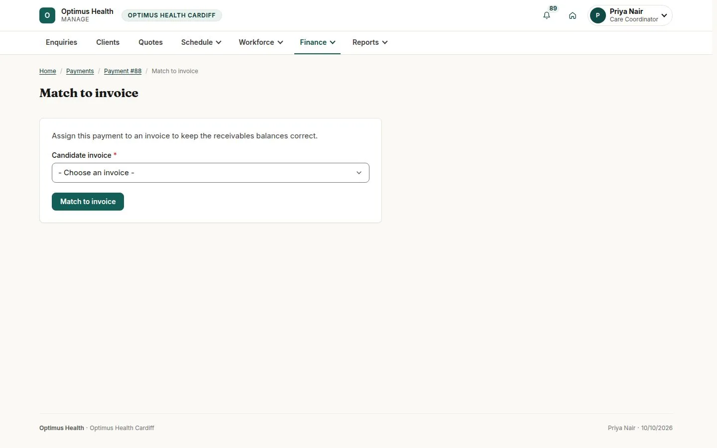 Candidate invoice and Match to invoice