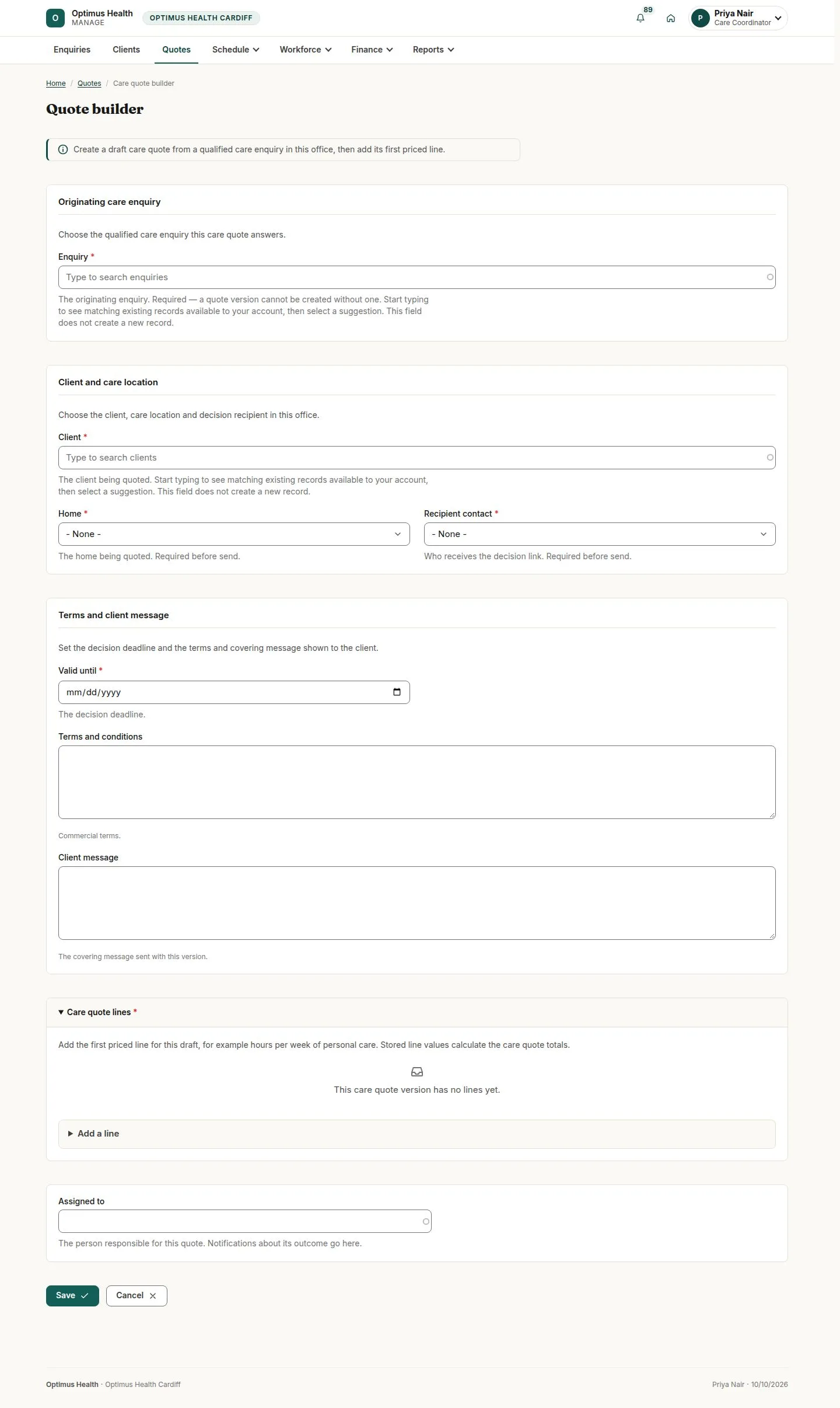 Originating enquiry, client and care-location selectors