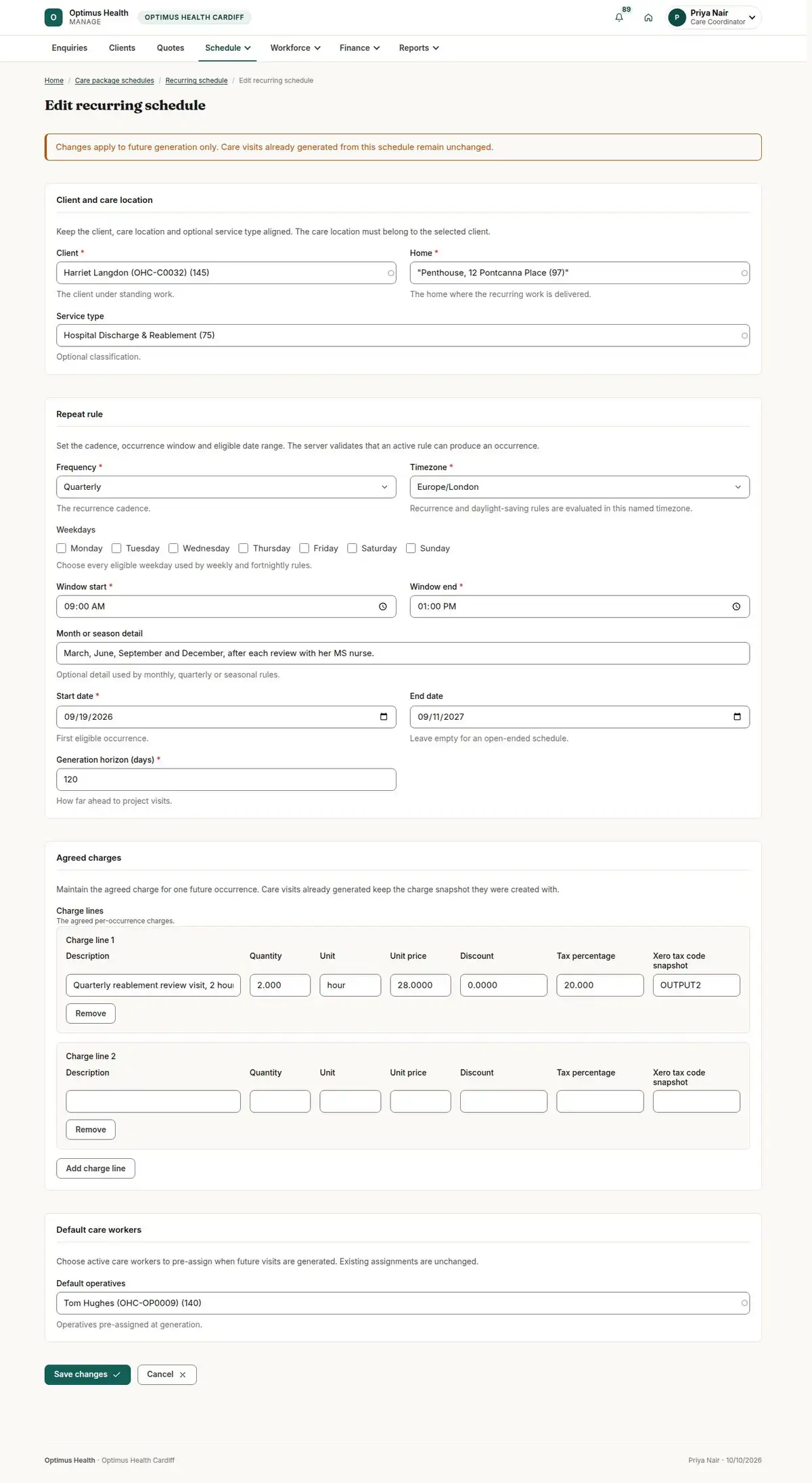 Edit recurring schedule