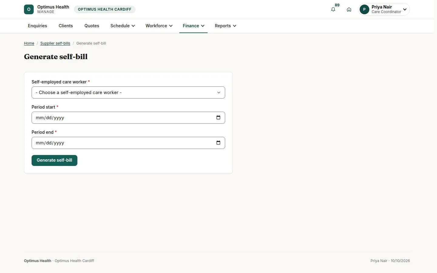 Care worker, period and Generate self-bill
