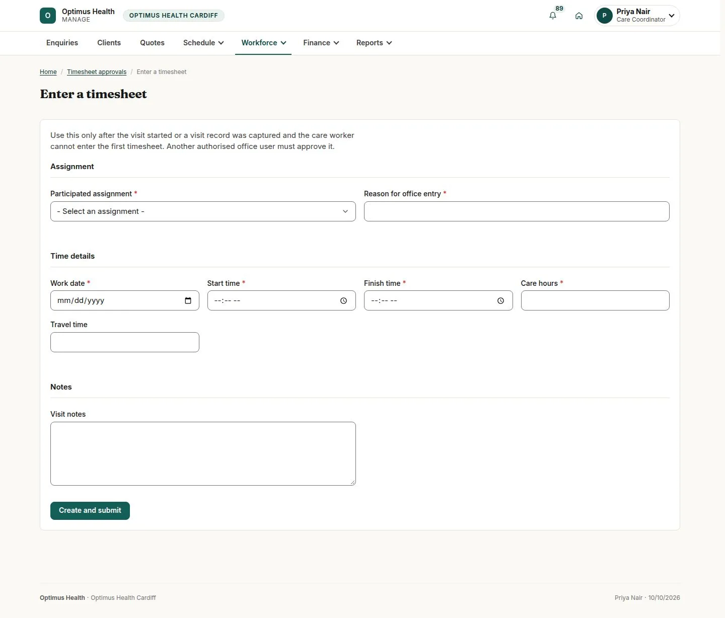 Enter a timesheet