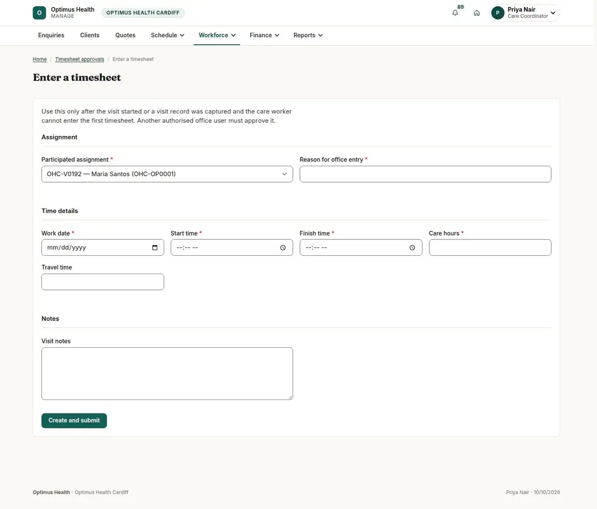 Enter a timesheet