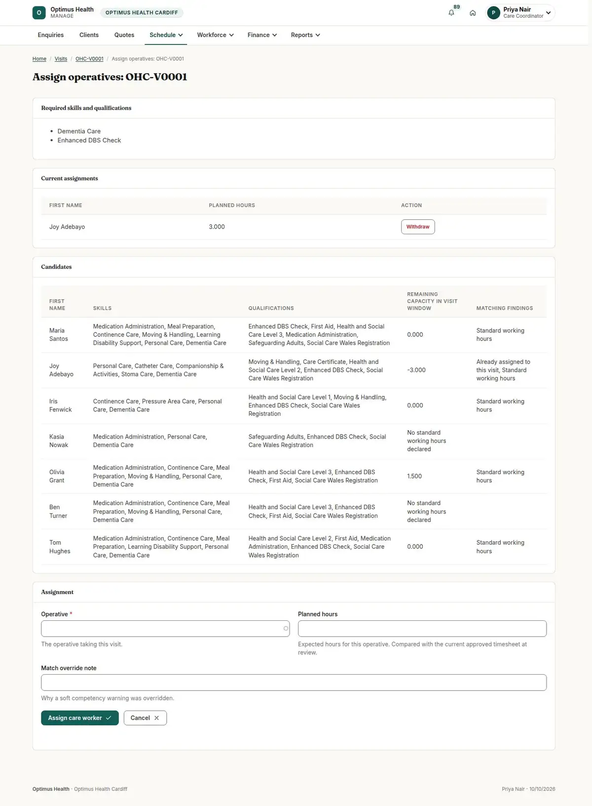 Assign operatives: OHC-V0001