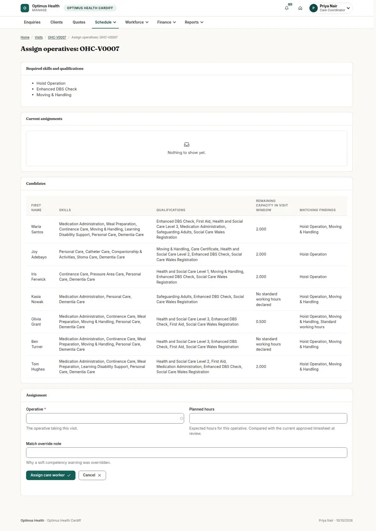 Assign operatives: OHC-V0007