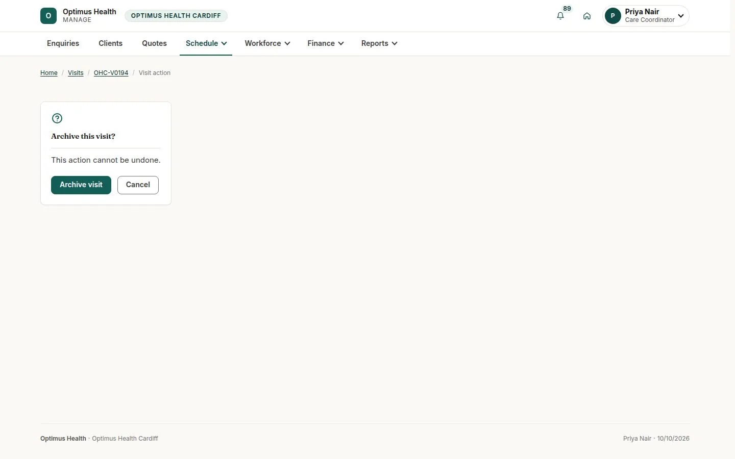 Archive visit and Cancel confirmation