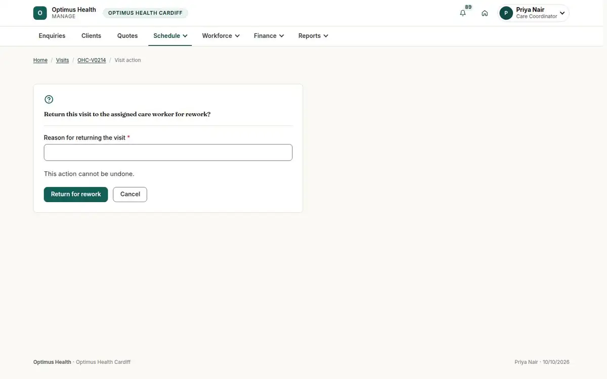 Return this visit to the assigned care worker for rework?