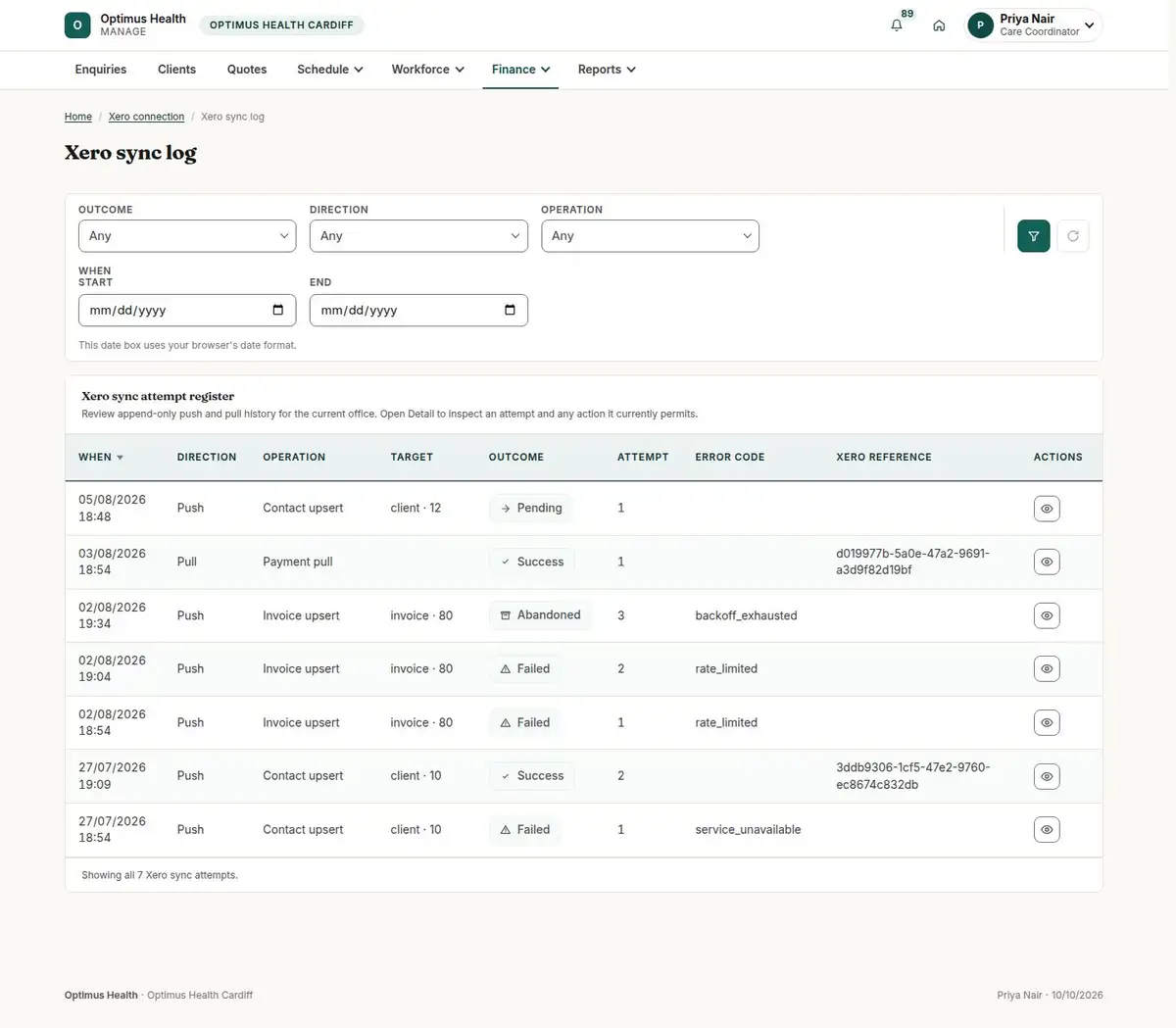 Xero sync log