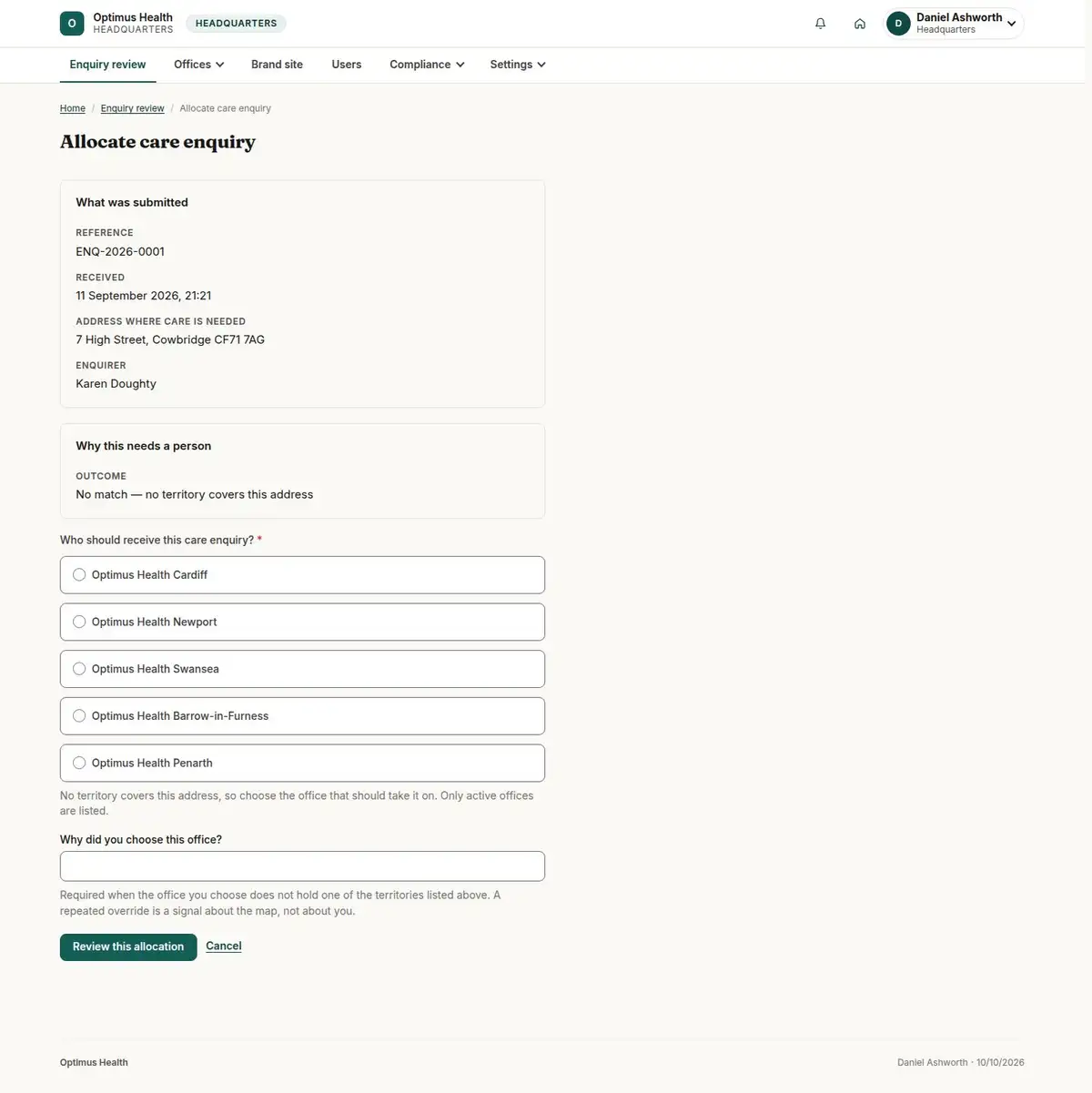 Allocate care enquiry
