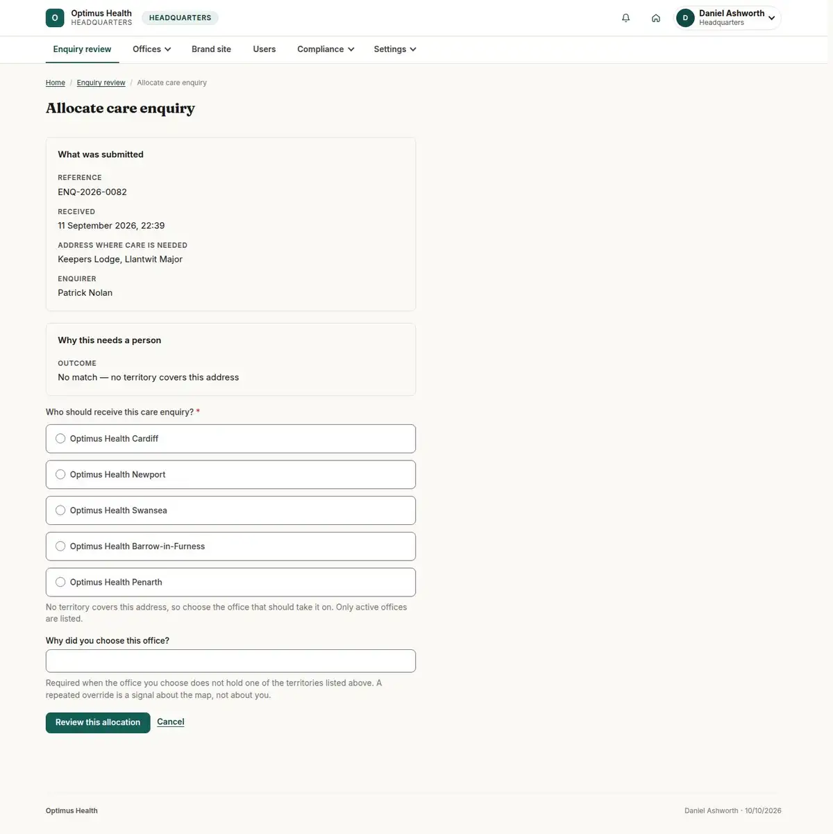 Allocate care enquiry