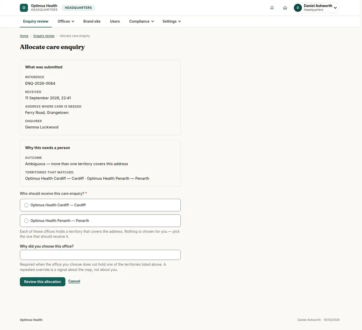 Allocate care enquiry