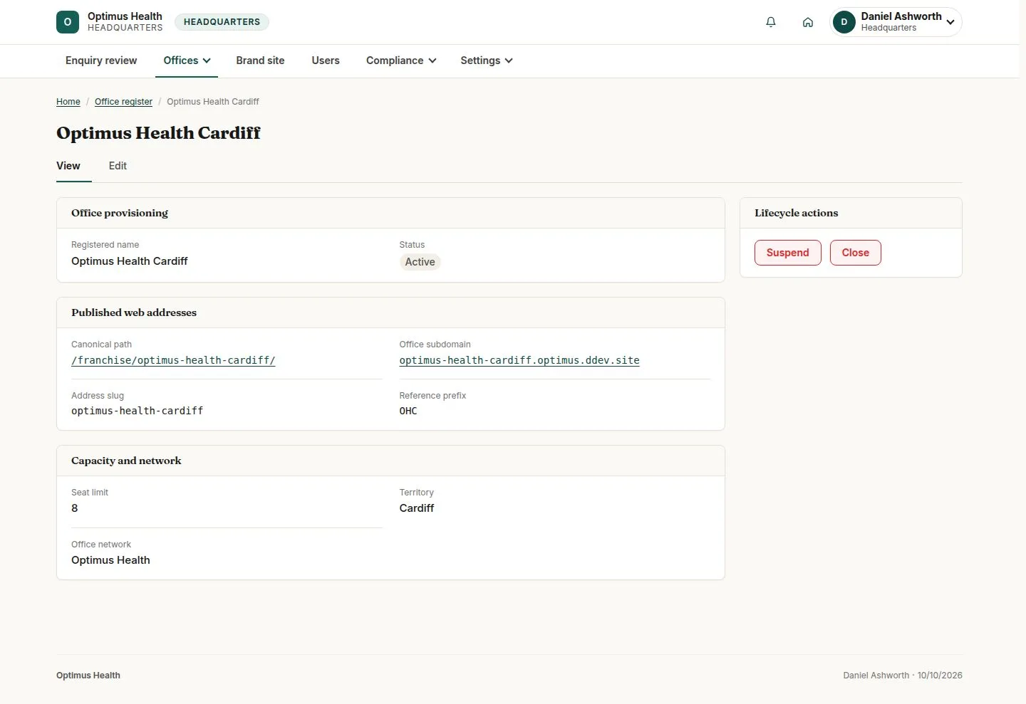 Active office state and Suspend / Close actions
