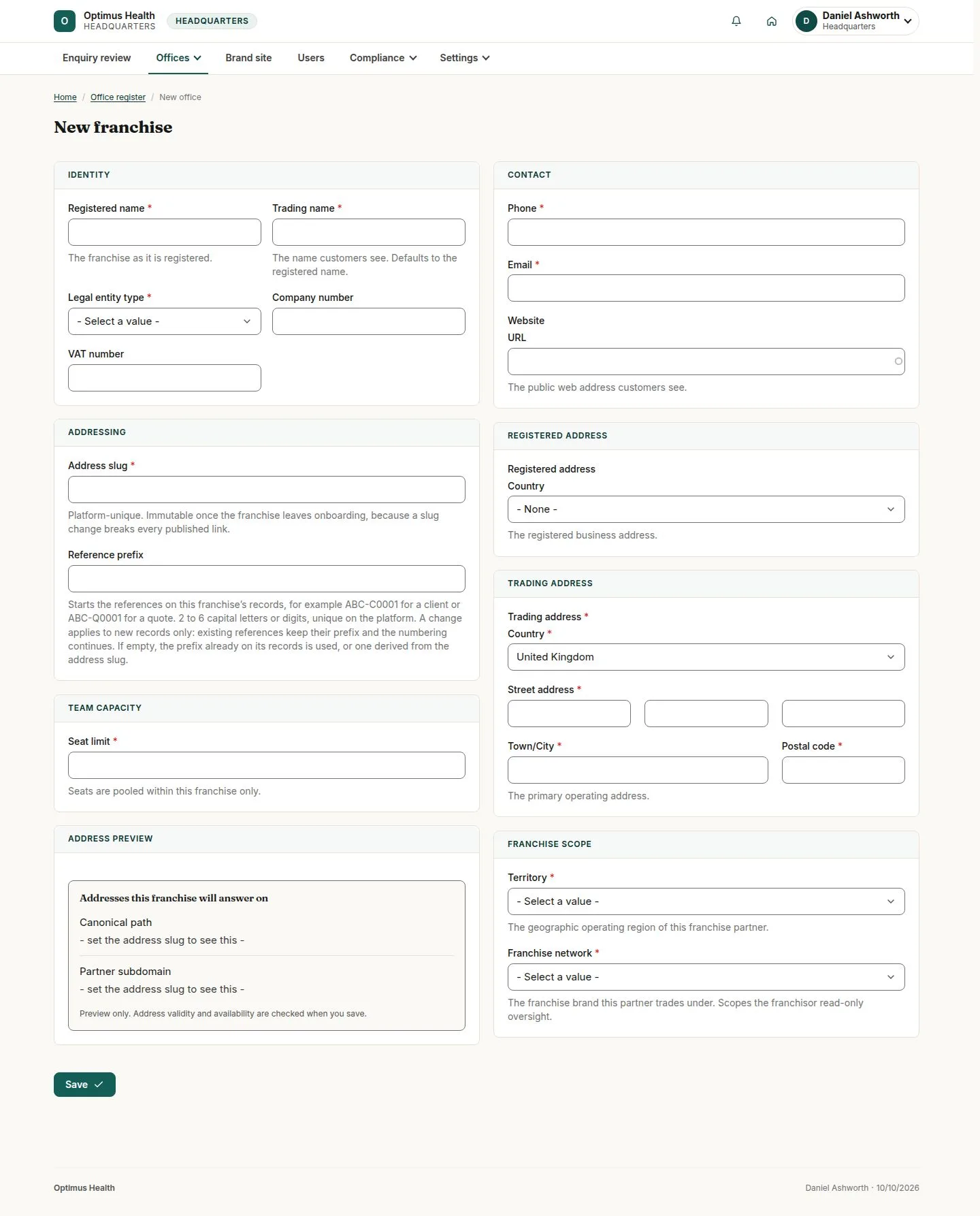 New office identity, addresses, capacity and scope