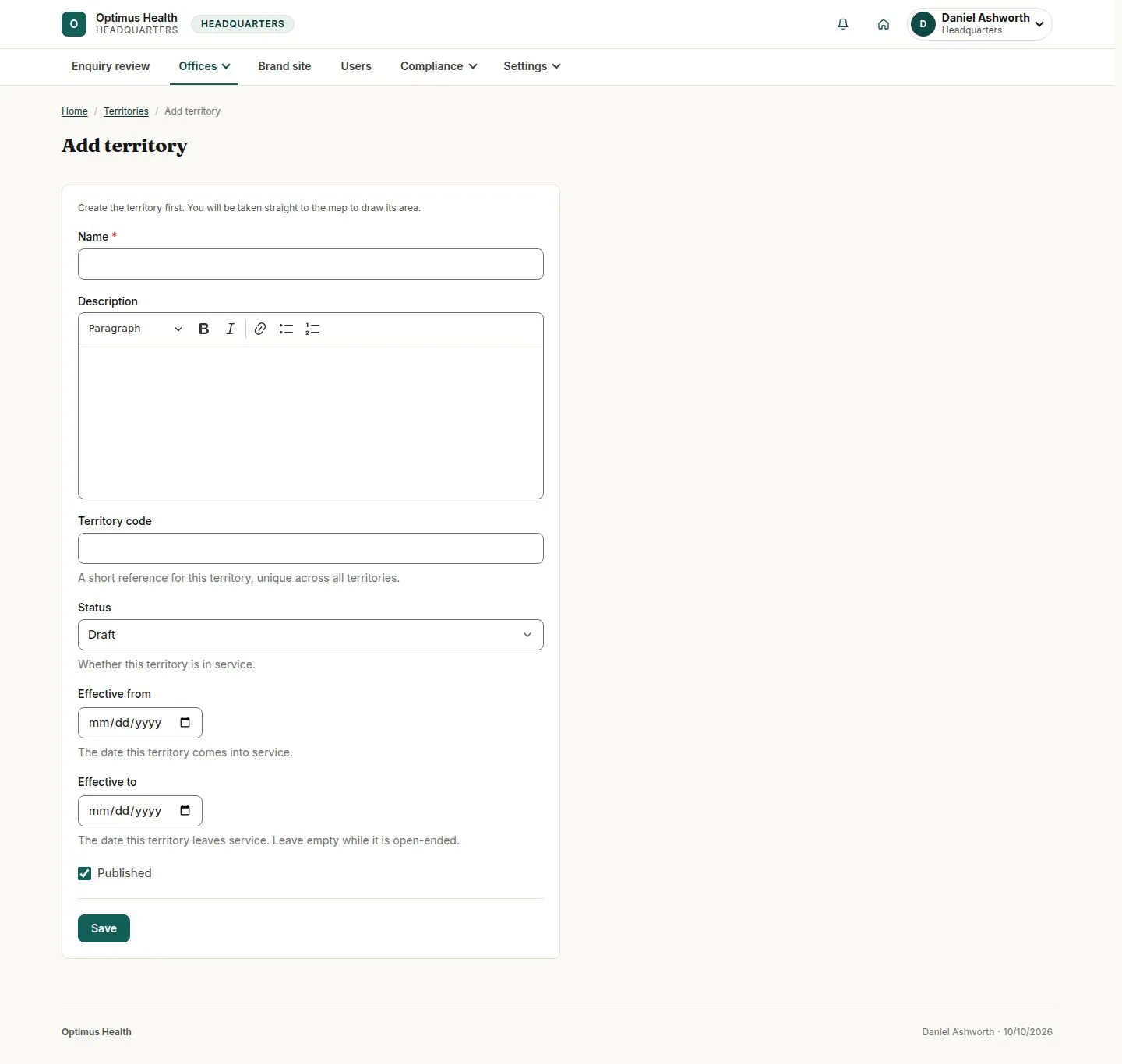 Territory name, code, status and effective dates