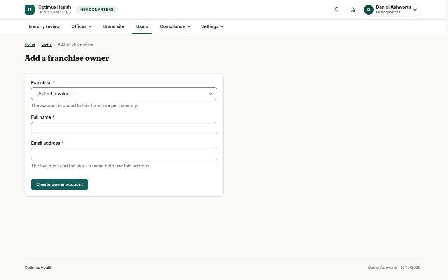 Office selector, owner identity and Create owner account