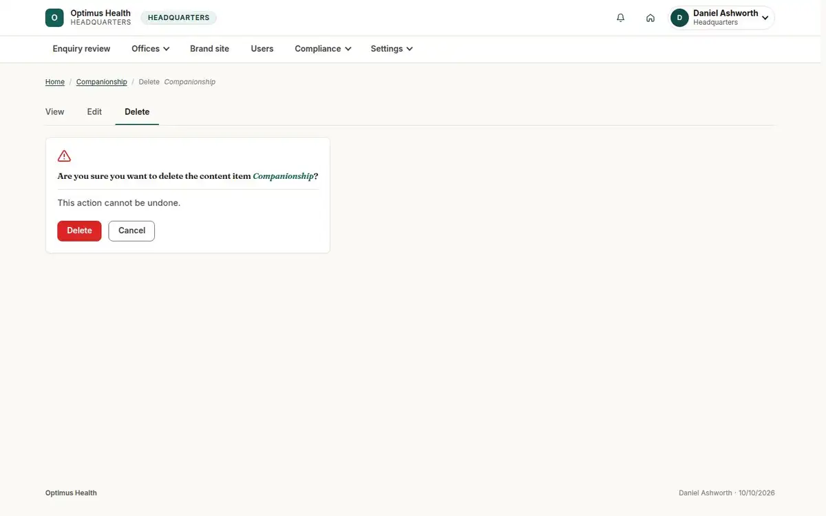 Are you sure you want to delete the content item Companionship?