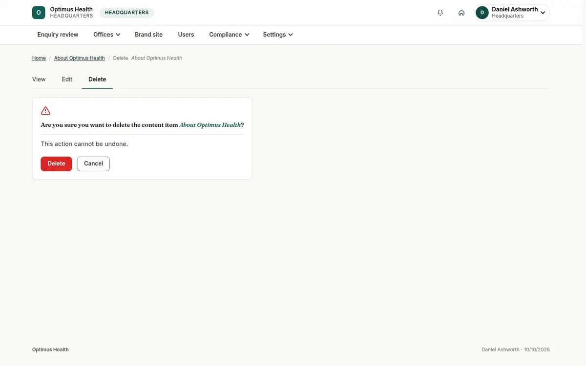 Are you sure you want to delete the content item About Optimus Health?