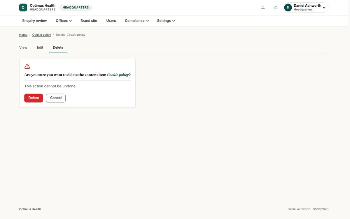 Are you sure you want to delete the content item Cookie policy?