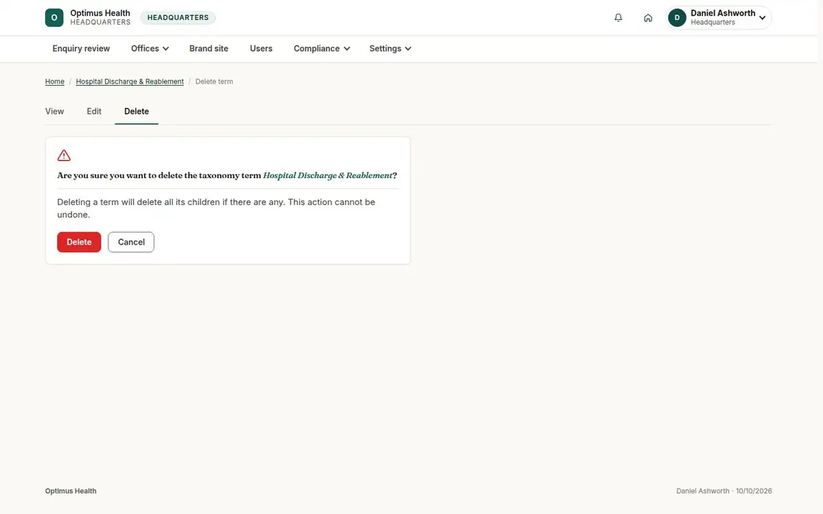 Are you sure you want to delete the taxonomy term Hospital Discharge & Reablement?