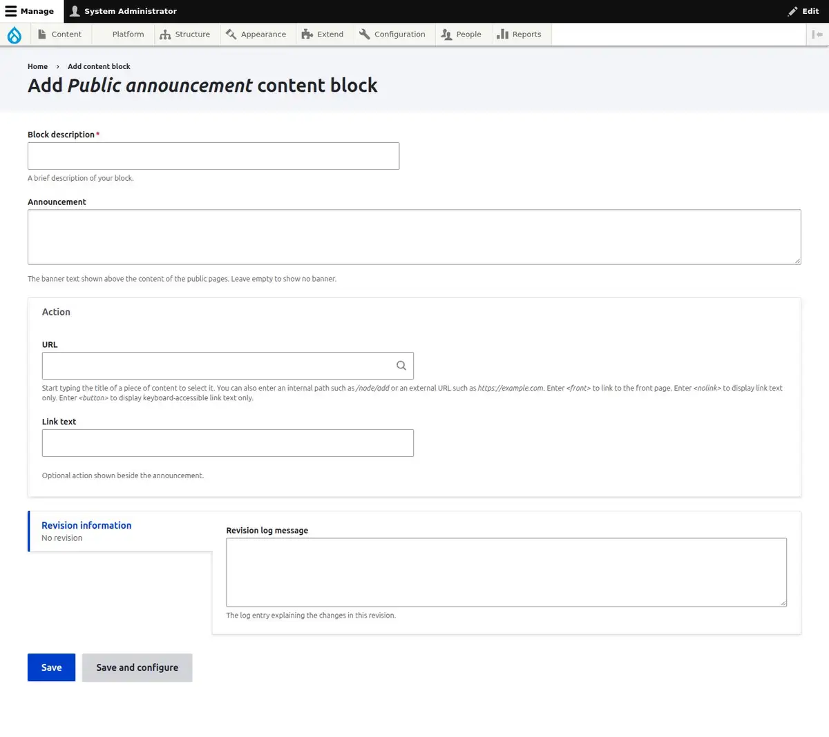Add Public announcement content block